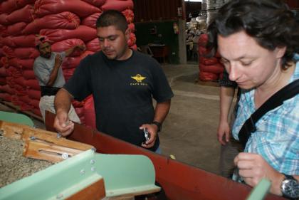 Anne Löwisch, zuständig für den Import des Kaffees innerhalb der Mitka, besichtigt die mechanische Sortierung auf dem Rüttelsieb im Beneficio von Soppexcca